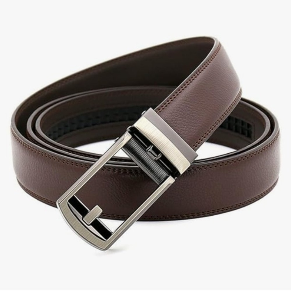 Mens Brown Leather Ratchet Belt Automatic Buckle Adjustable Size 52 130 cm